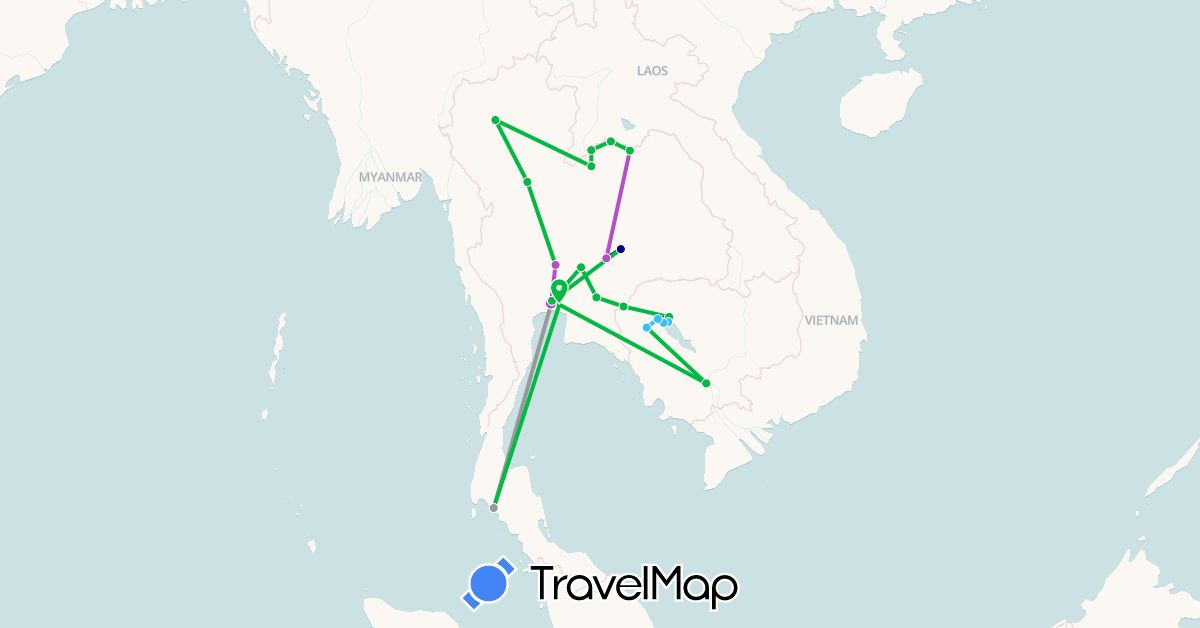 TravelMap itinerary: driving, bus, plane, train, boat in Cambodia, Thailand (Asia)